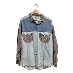 Vintage Anchor Blue Mens Paisley Colorblock Denim Button Down Shirt Blue Large